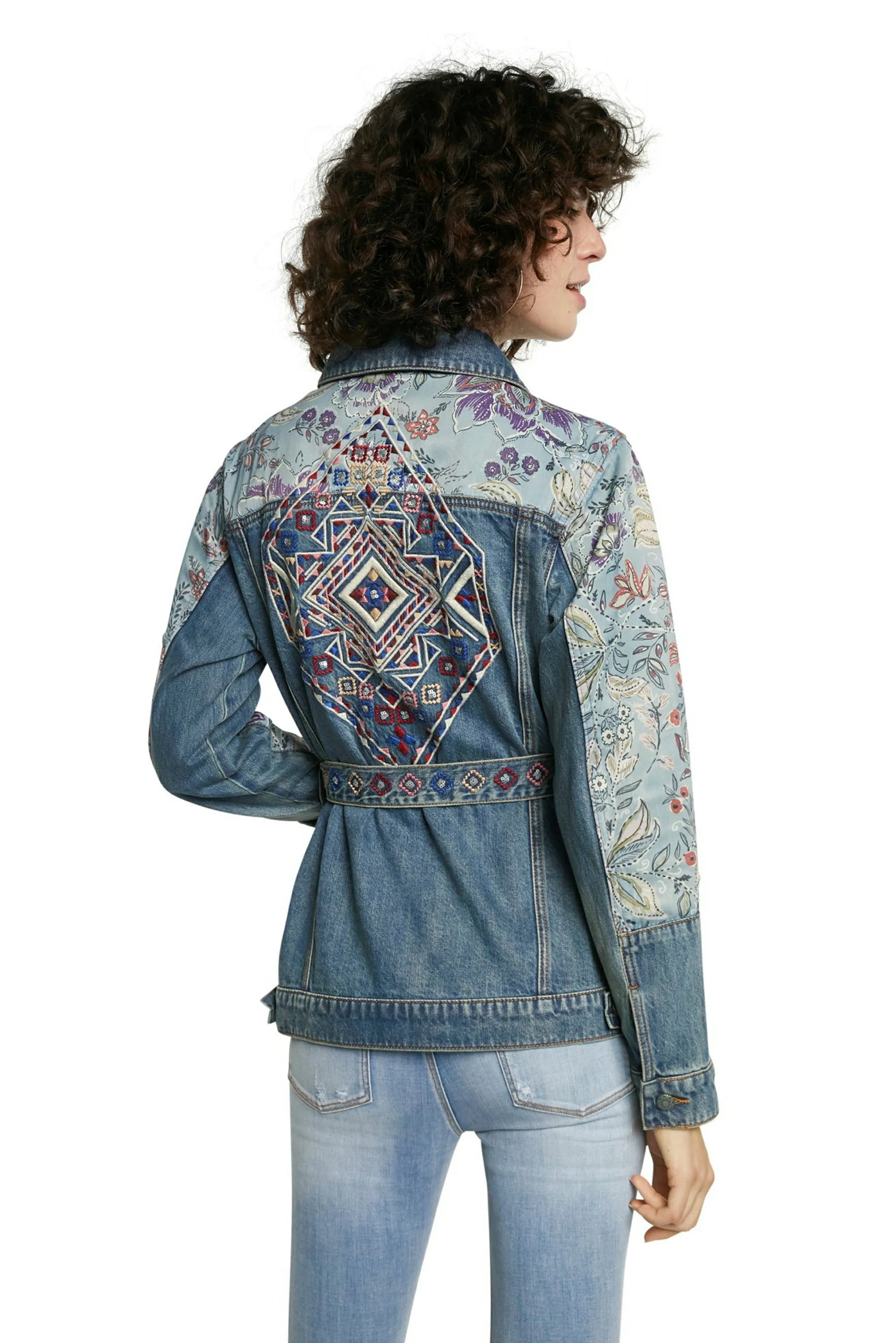 Memphis Aztec Embroidery Belted Blue Denim Jacket SS21 Desigual Style 21SWED46