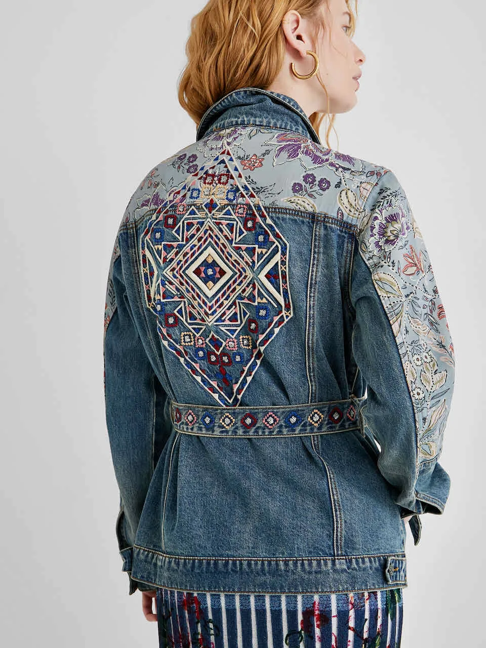 Memphis Aztec Embroidery Belted Blue Denim Jacket SS21 Desigual Style 21SWED46