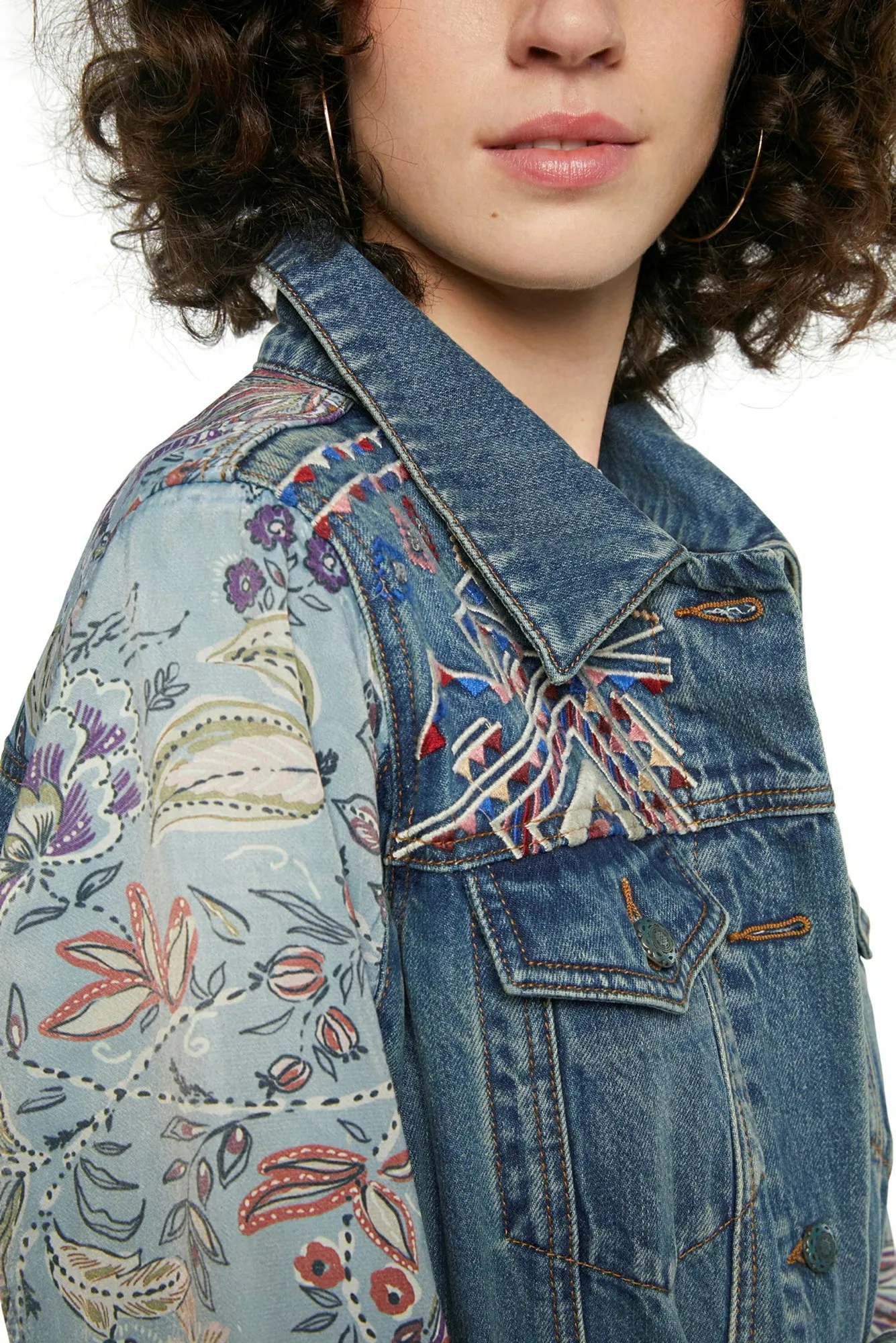 Memphis Aztec Embroidery Belted Blue Denim Jacket SS21 Desigual Style 21SWED46