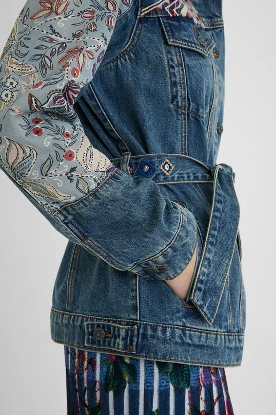 Memphis Aztec Embroidery Belted Blue Denim Jacket SS21 Desigual Style 21SWED46