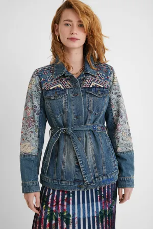 Memphis Aztec Embroidery Belted Blue Denim Jacket SS21 Desigual Style 21SWED46