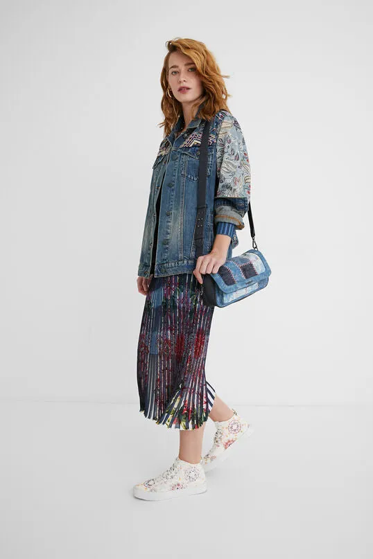 Memphis Aztec Embroidery Belted Blue Denim Jacket SS21 Desigual Style 21SWED46