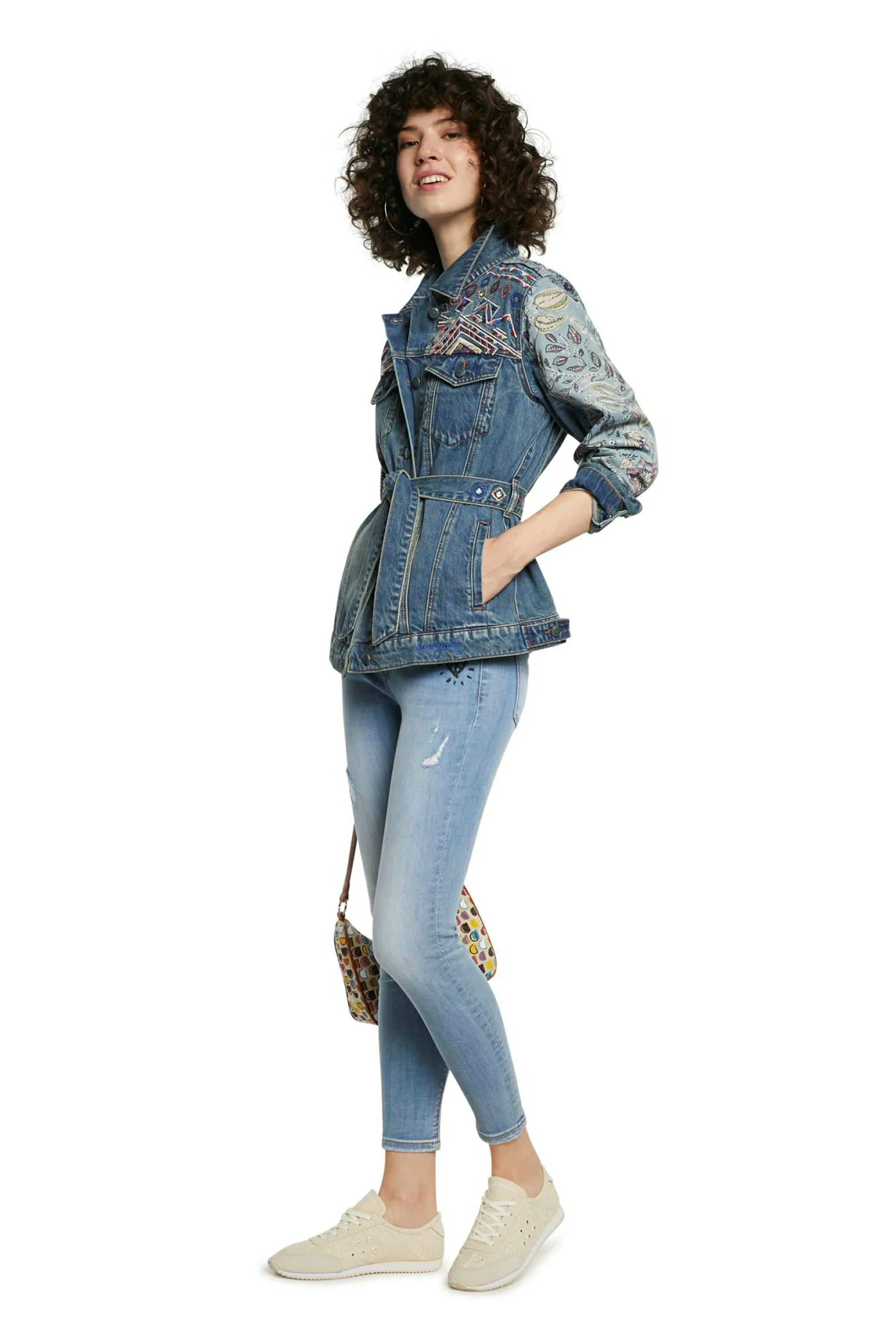 Memphis Aztec Embroidery Belted Blue Denim Jacket SS21 Desigual Style 21SWED46