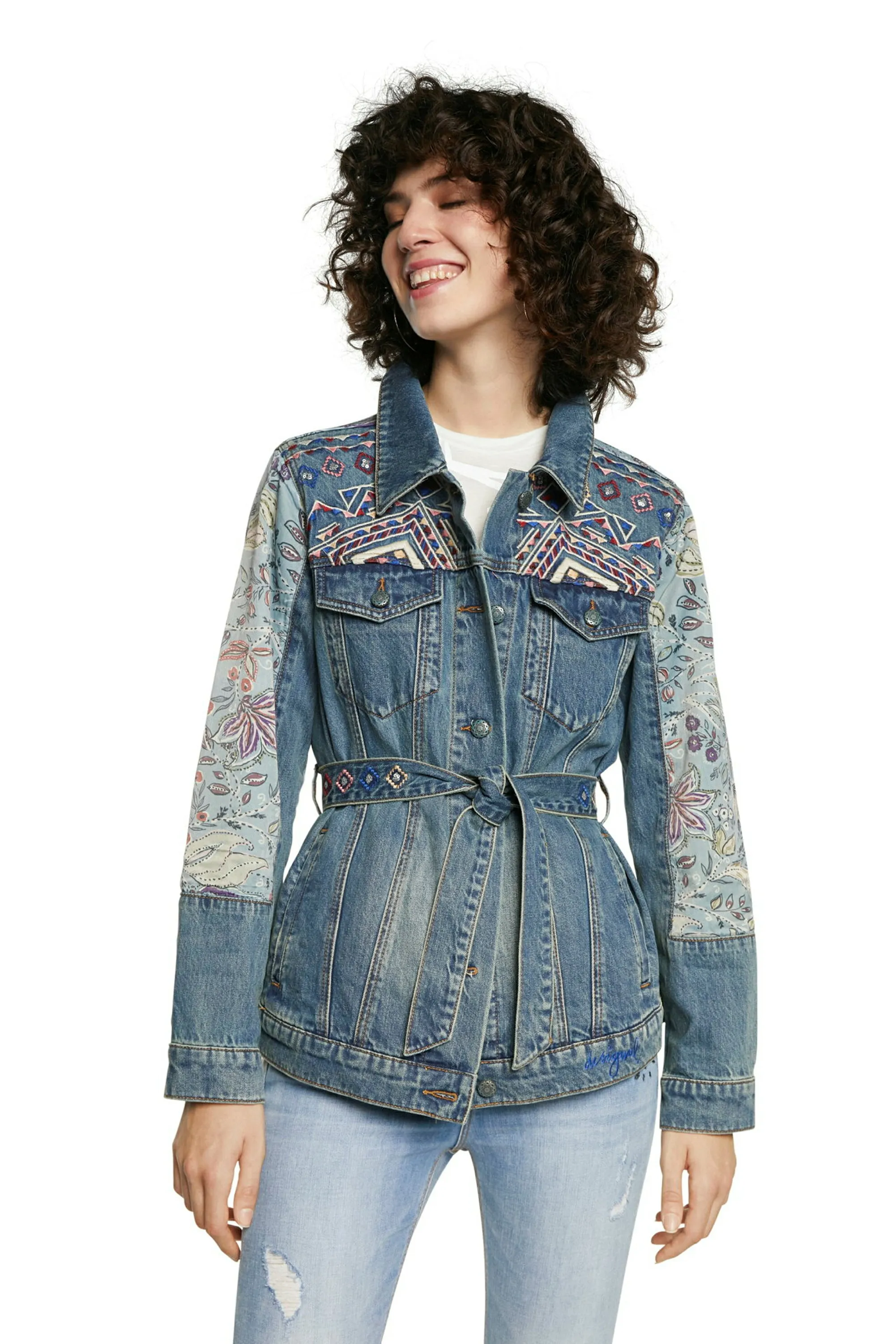 Memphis Aztec Embroidery Belted Blue Denim Jacket SS21 Desigual Style 21SWED46