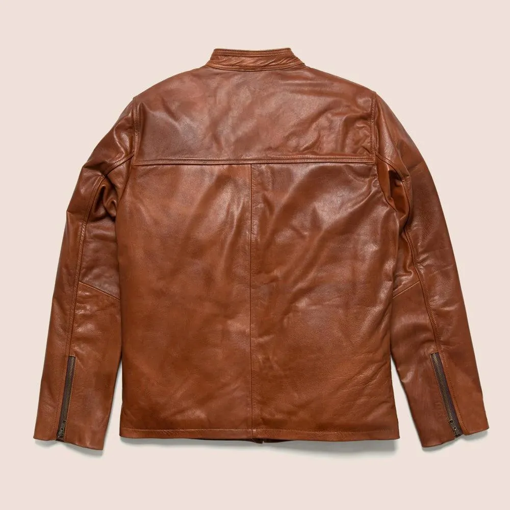 Men's Light Brown Cafe Racer Leather Motorbike Jacket