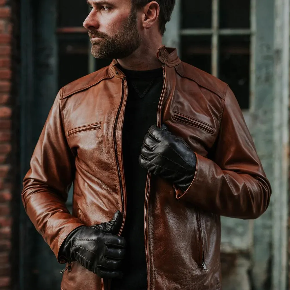Men's Light Brown Cafe Racer Leather Motorbike Jacket
