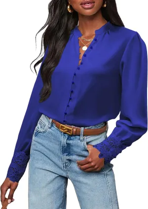 Neweek Womens Button Down Shirts Lace Cuff Long Sleeve Chiffon Dressy Tops Band Collar Fall Business Casual Blouses 2025