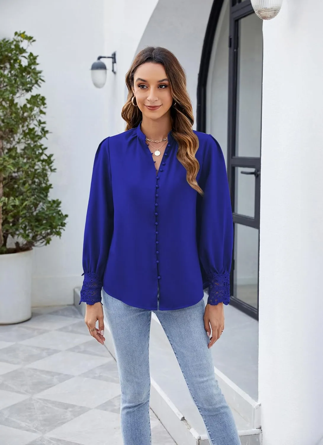 Neweek Womens Button Down Shirts Lace Cuff Long Sleeve Chiffon Dressy Tops Band Collar Fall Business Casual Blouses 2025