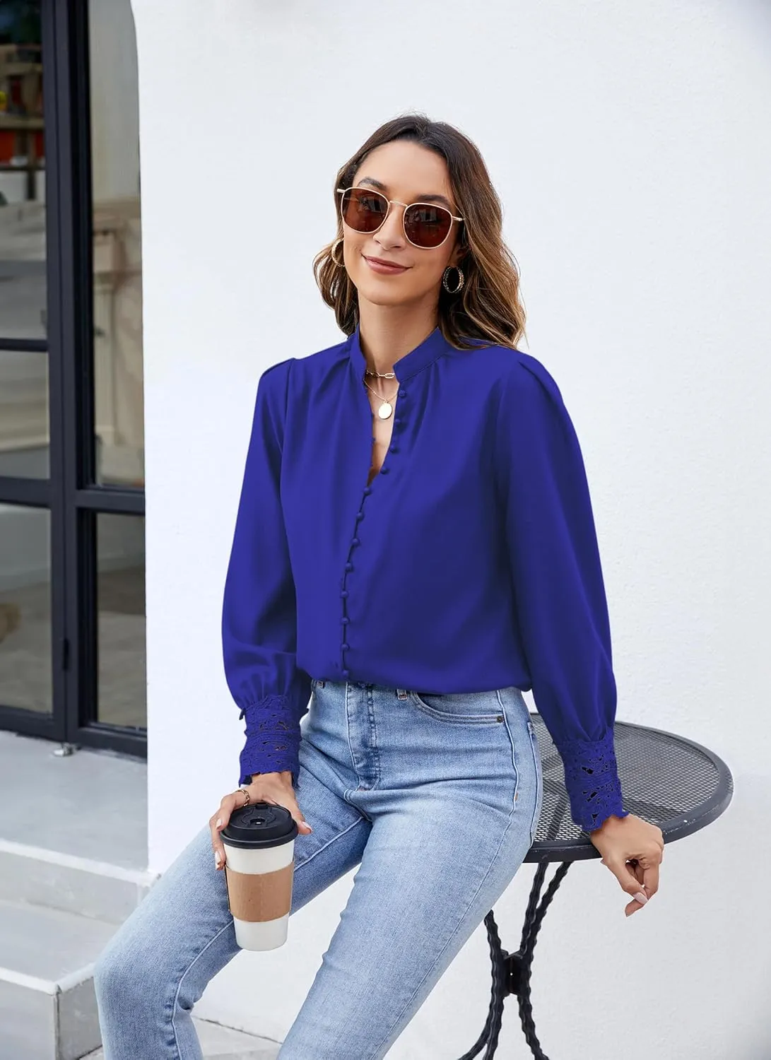 Neweek Womens Button Down Shirts Lace Cuff Long Sleeve Chiffon Dressy Tops Band Collar Fall Business Casual Blouses 2025