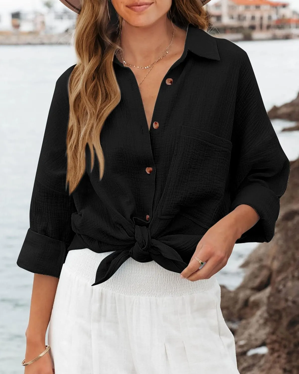 NOLLSOM Casual Shirts for Women Long Sleeve Button Down Blouses Fall 2025 Solid Color Trendy Tops with Pocket