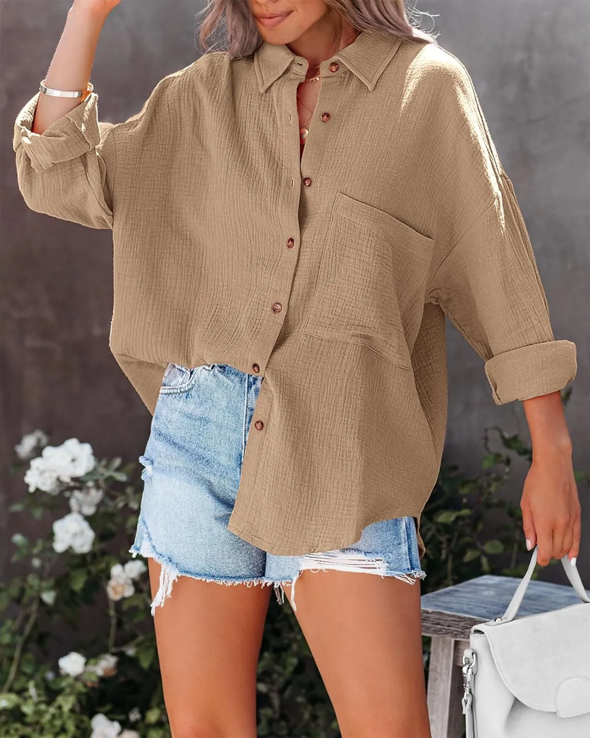 NOLLSOM Casual Shirts for Women Long Sleeve Button Down Blouses Fall 2025 Solid Color Trendy Tops with Pocket