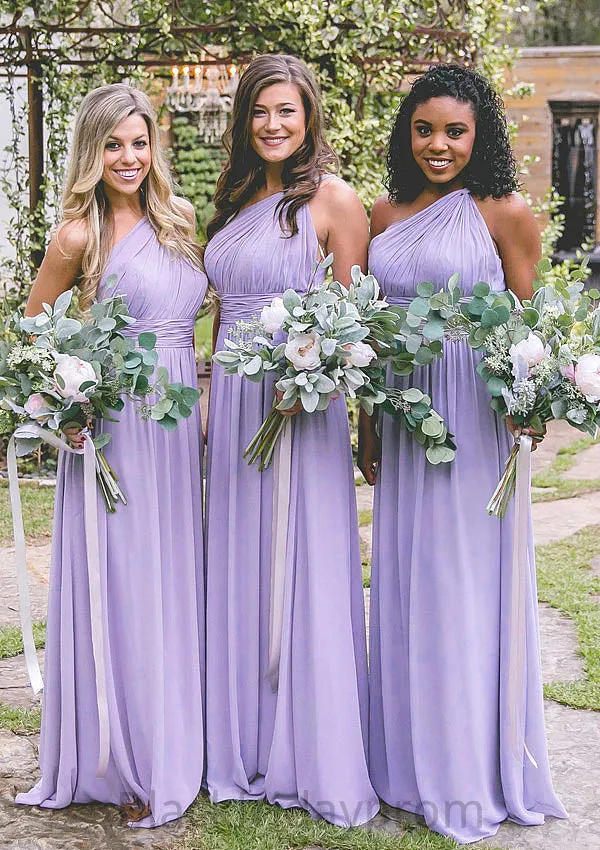 One-Shoulder A-Line/Princess Long/Floor-Length Chiffon Bridesmaid Dresses With Pleated Braelyn BF2P0025544