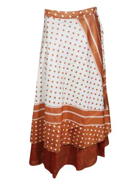 Orange White Printed Silk sari wrap skirt Gift One size