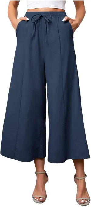 Petite Wide Leg Pants for Women 2025 Summer Cropped Dressy Palazzo Lightweight Pants with Pockets Loose Casual Trouser