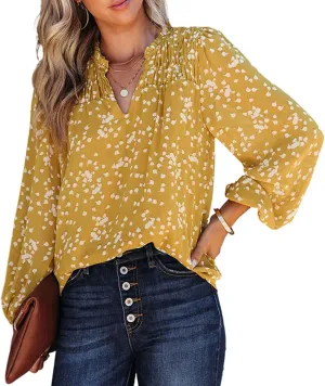 PRETTYGARDEN Womens Floral Spring Tops 2025 V Neck Long Sleeve Blouses Dressy Casual Boho Chiffon Business Work Shirts