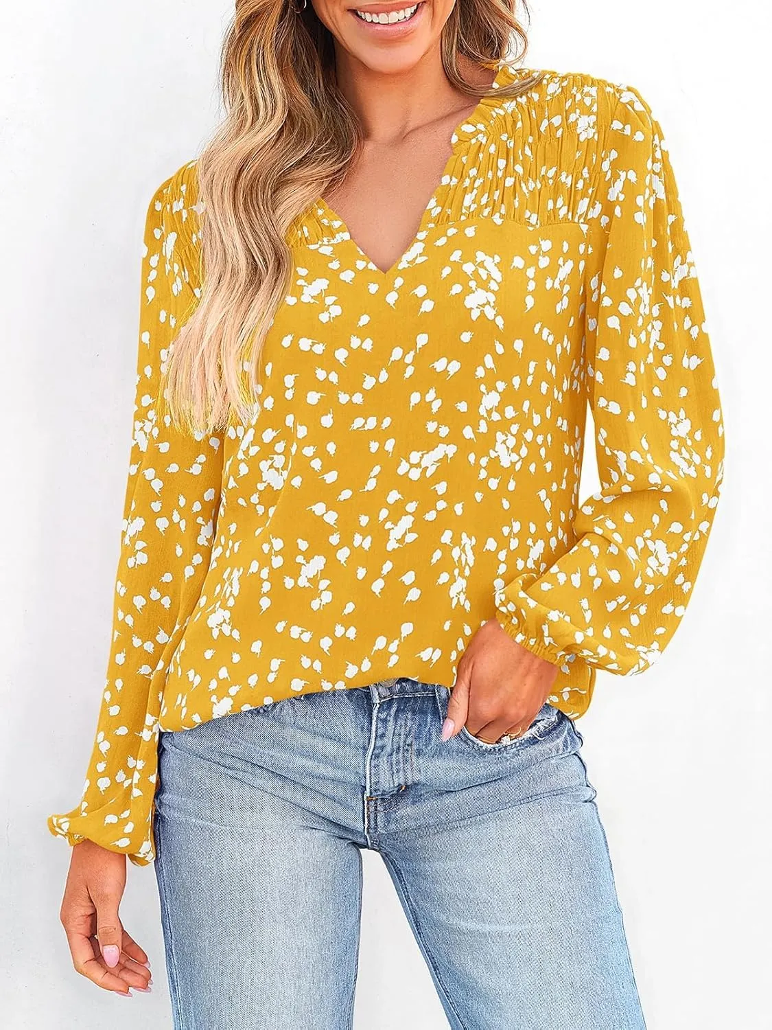 PRETTYGARDEN Womens Floral Spring Tops 2025 V Neck Long Sleeve Blouses Dressy Casual Boho Chiffon Business Work Shirts