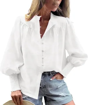 PRETTYGARDEN Womens Spring Long Sleeve Tops Dressy Casual Button Down Smocked Cuffed Office Business Work Blouses Shirts