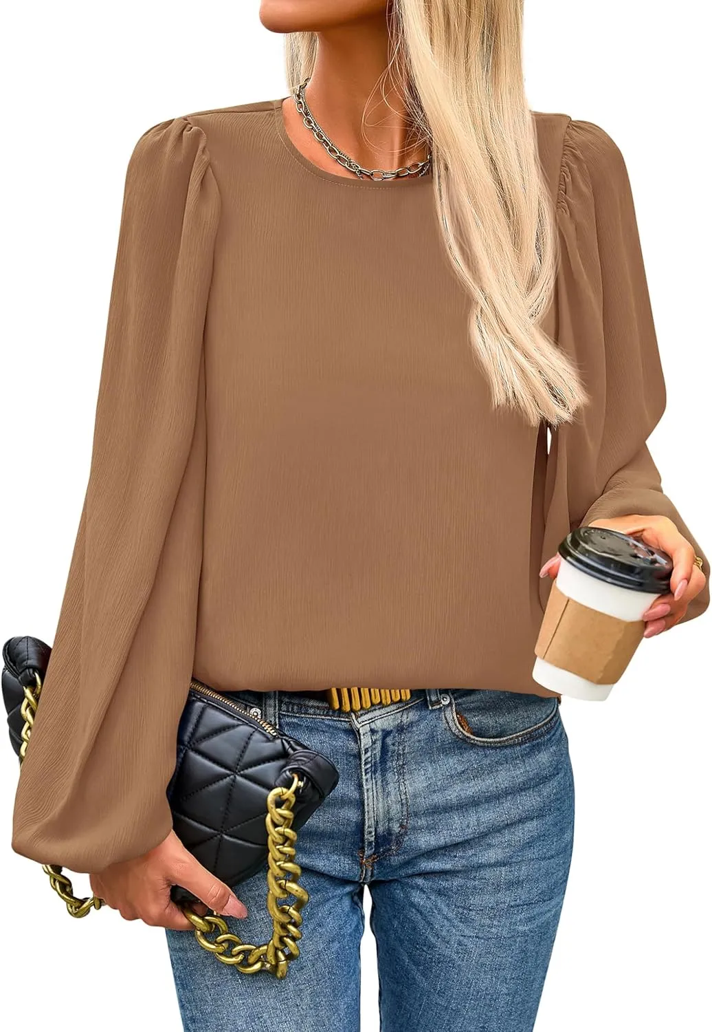 PRETTYGARDEN Womens Tops 2025 Spring Puff Long Sleeve Chiffon Work Blouses Dressy Casual Crewneck Flowy Shirts Fall Outfits