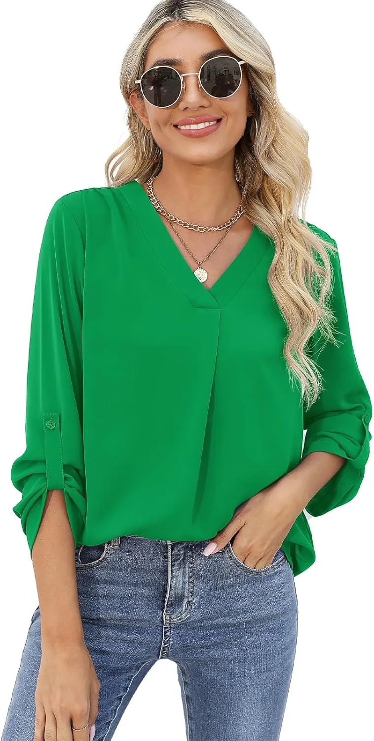 QUEZHU 3/4 Sleeve Blouses for Women Business Casual Elegant Chiffon V Neck Blouses Tops