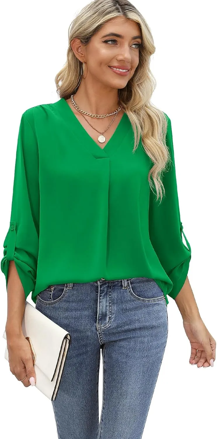 QUEZHU 3/4 Sleeve Blouses for Women Business Casual Elegant Chiffon V Neck Blouses Tops
