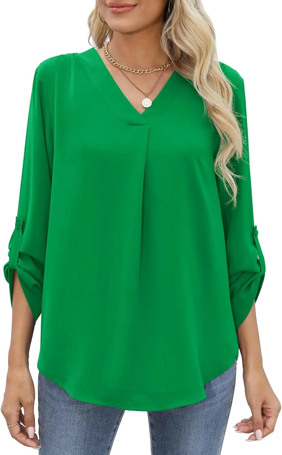 QUEZHU 3/4 Sleeve Blouses for Women Business Casual Elegant Chiffon V Neck Blouses Tops