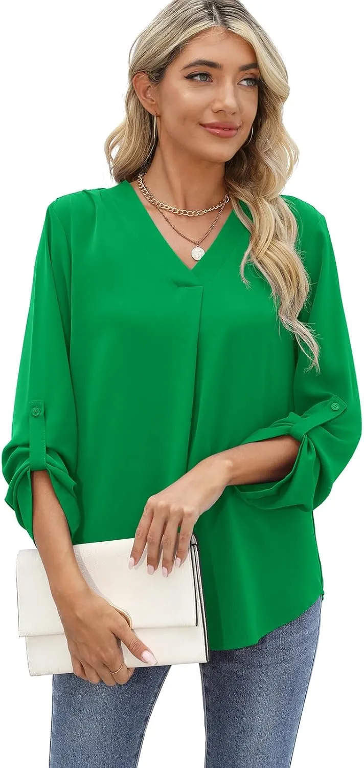 QUEZHU 3/4 Sleeve Blouses for Women Business Casual Elegant Chiffon V Neck Blouses Tops
