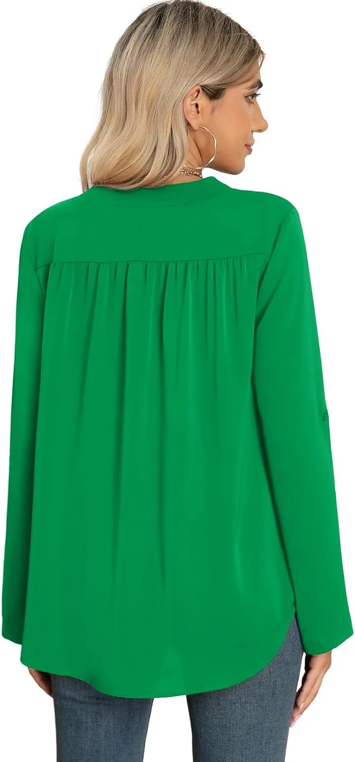 QUEZHU 3/4 Sleeve Blouses for Women Business Casual Elegant Chiffon V Neck Blouses Tops