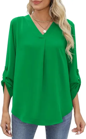 QUEZHU 3/4 Sleeve Blouses for Women Business Casual Elegant Chiffon V Neck Blouses Tops