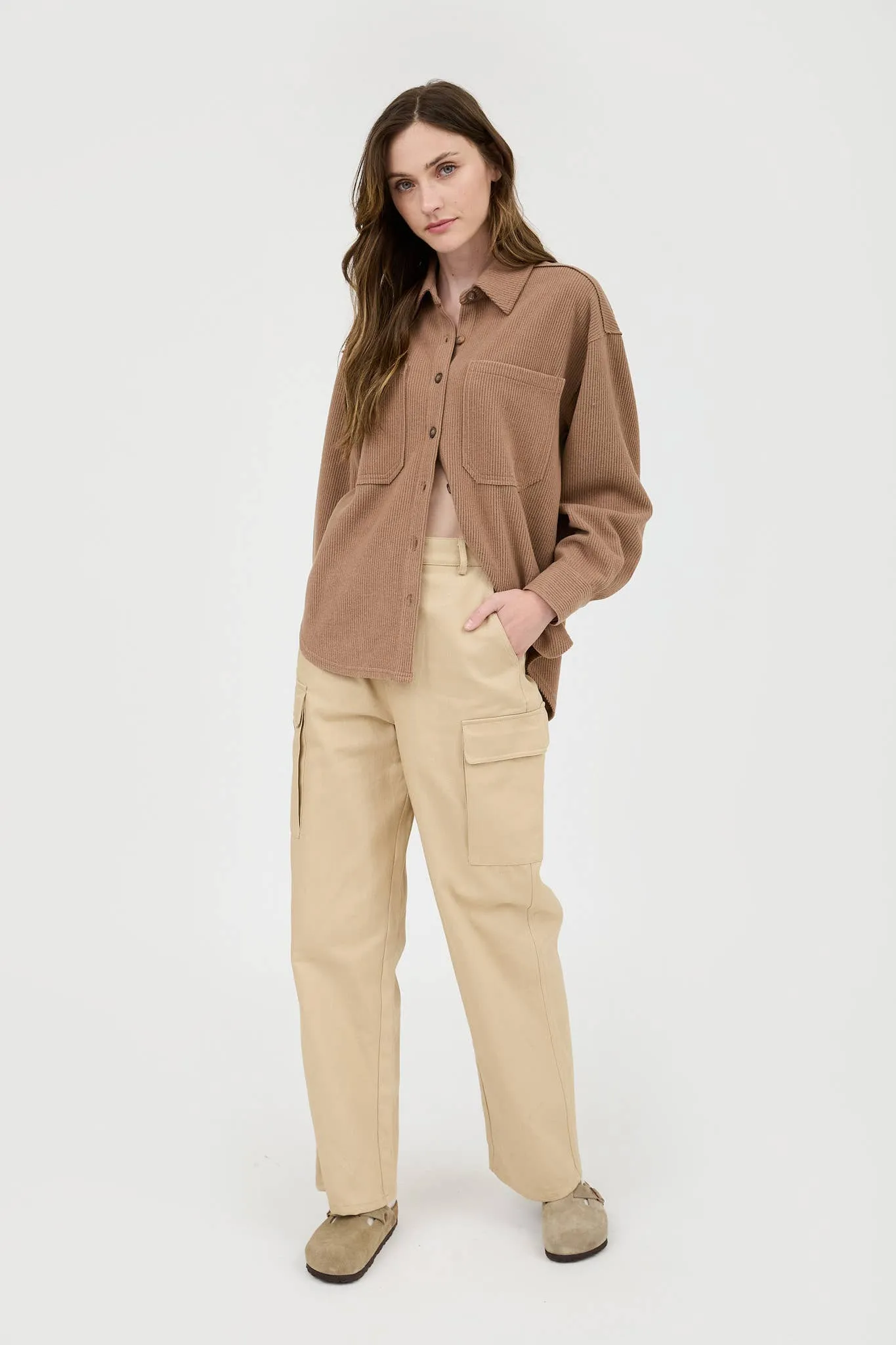 Rib Knit Exposed Seam Button Up Top