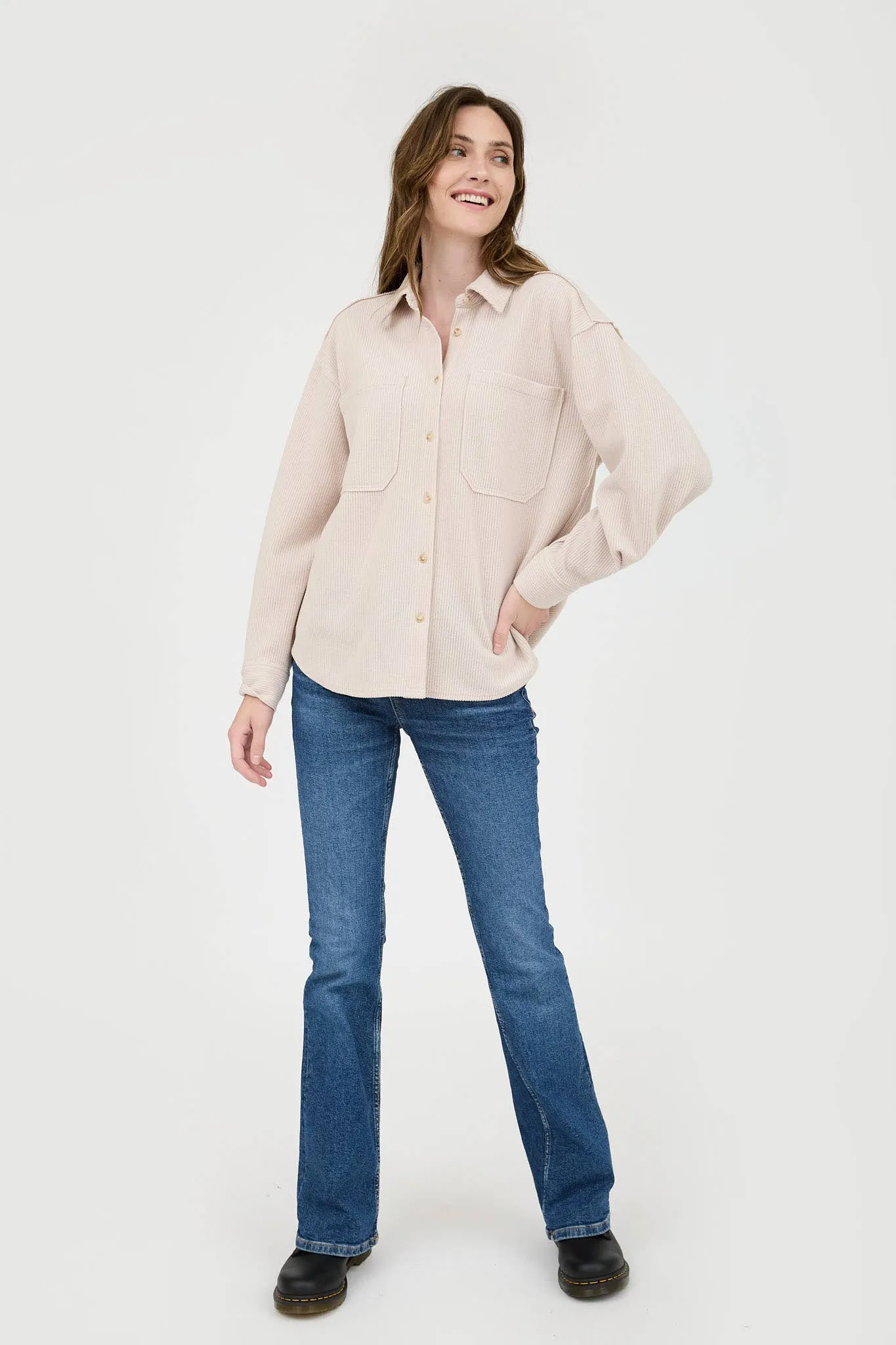 Rib Knit Exposed Seam Button Up Top