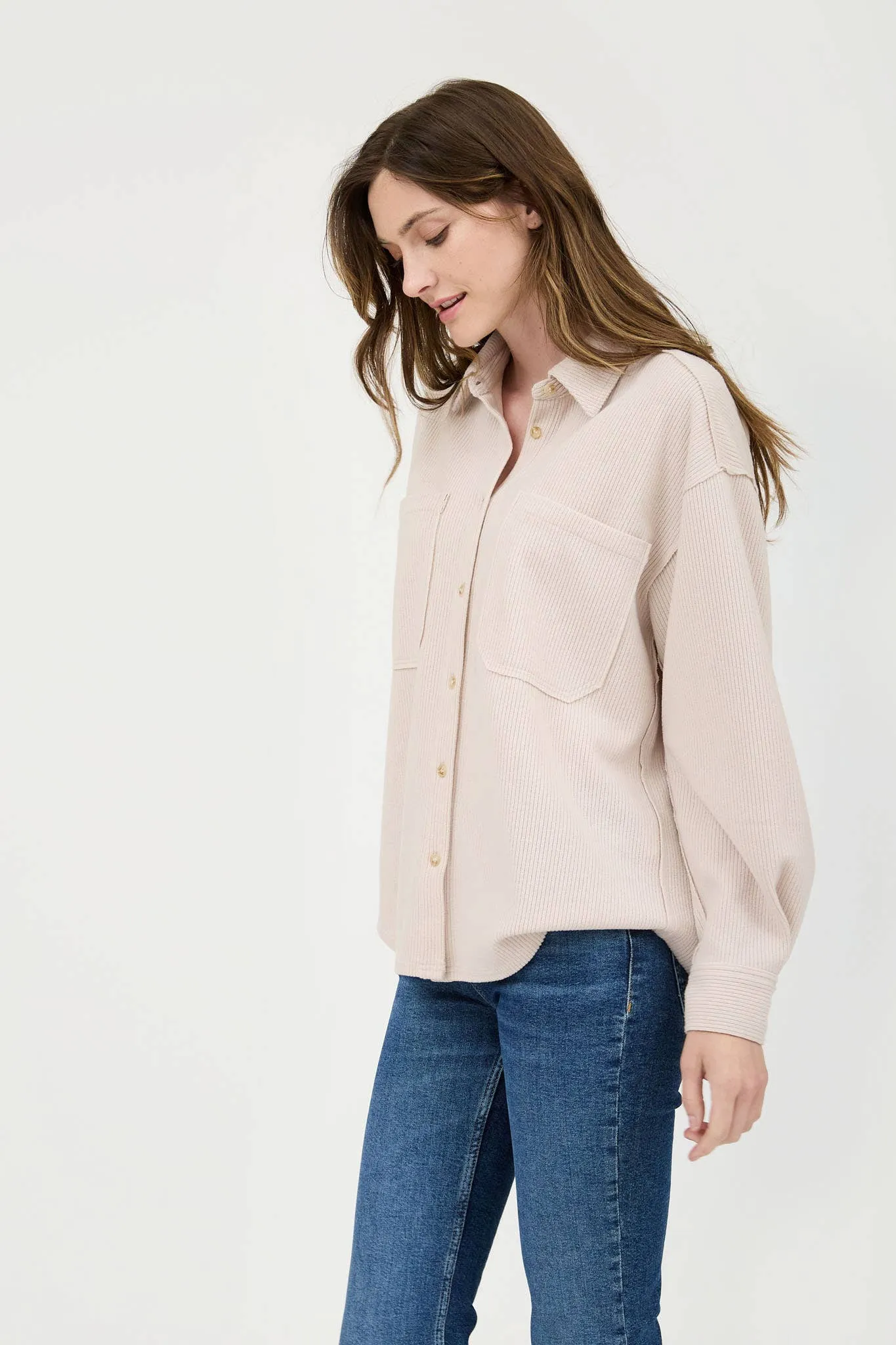 Rib Knit Exposed Seam Button Up Top