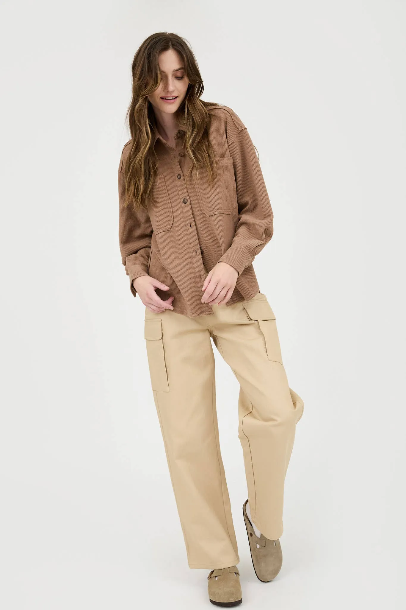 Rib Knit Exposed Seam Button Up Top