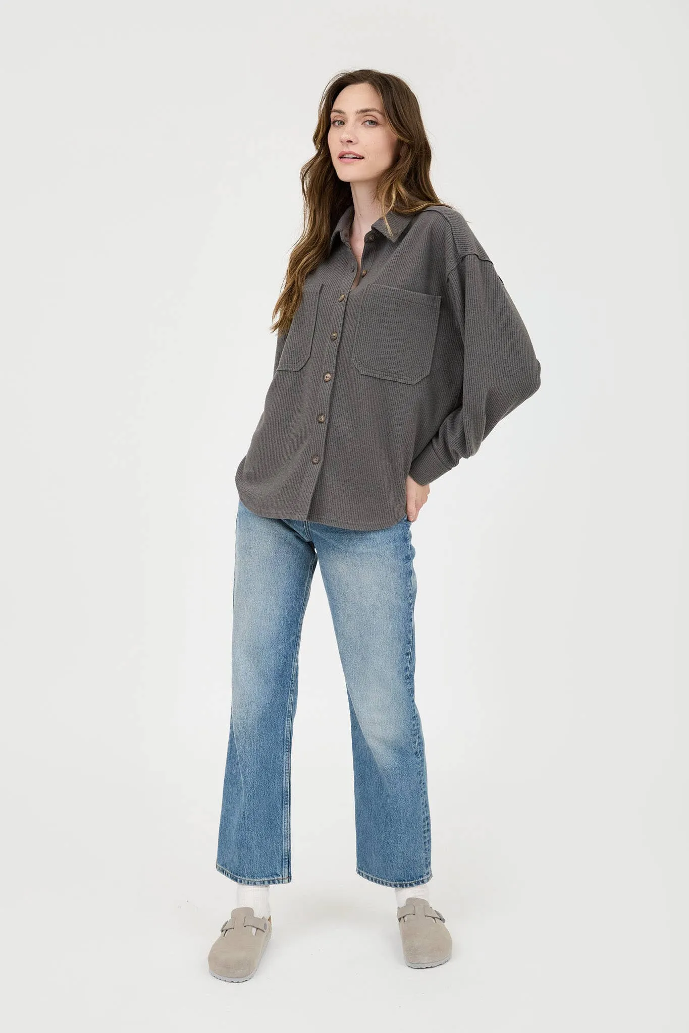 Rib Knit Exposed Seam Button Up Top