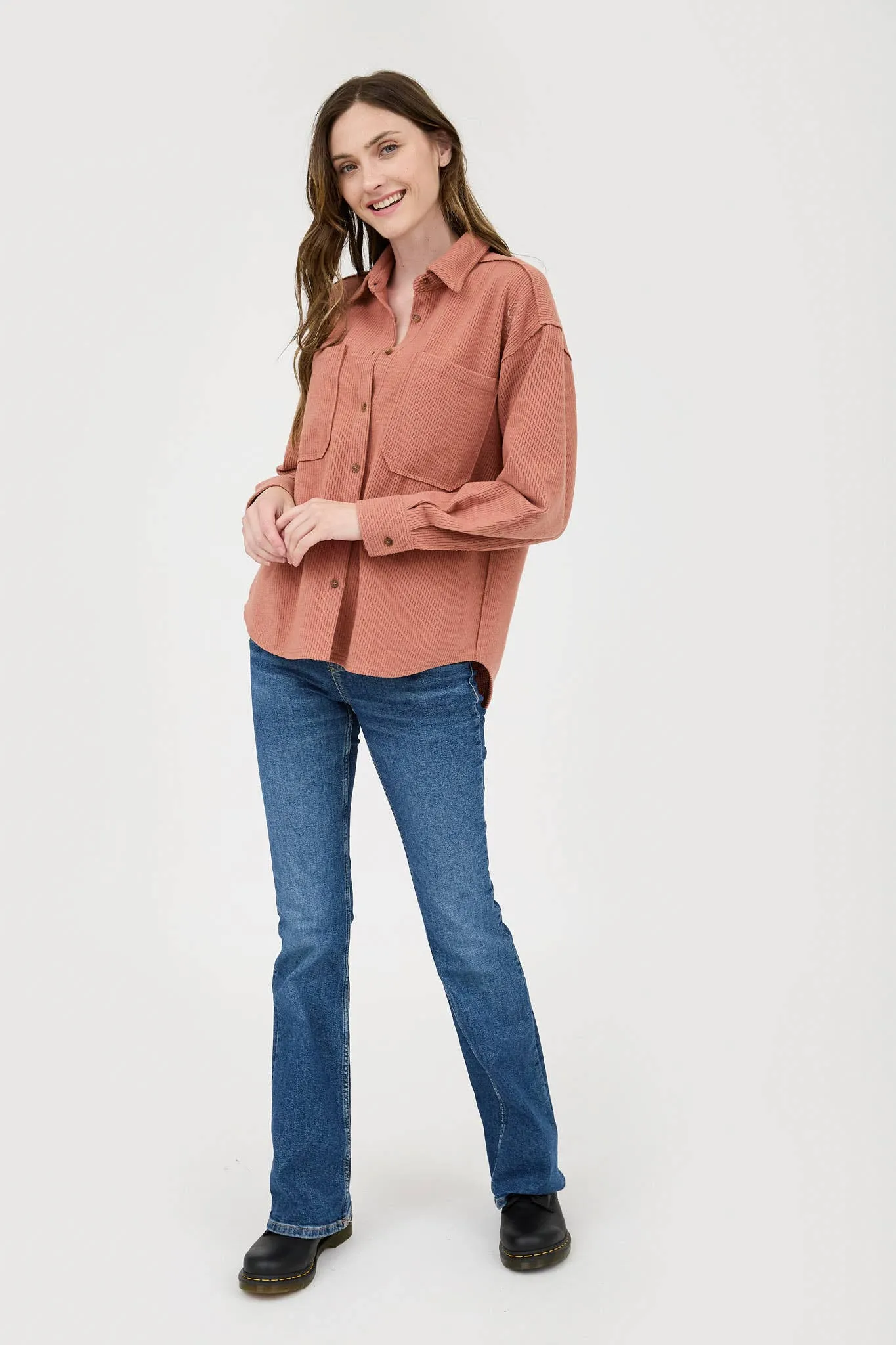Rib Knit Exposed Seam Button Up Top