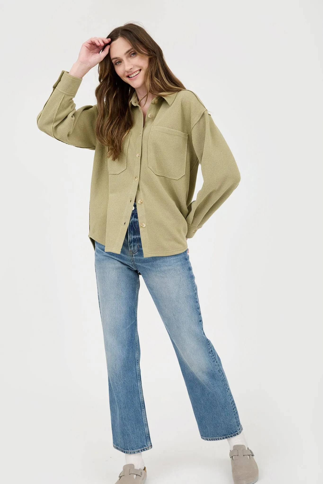 Rib Knit Exposed Seam Button Up Top