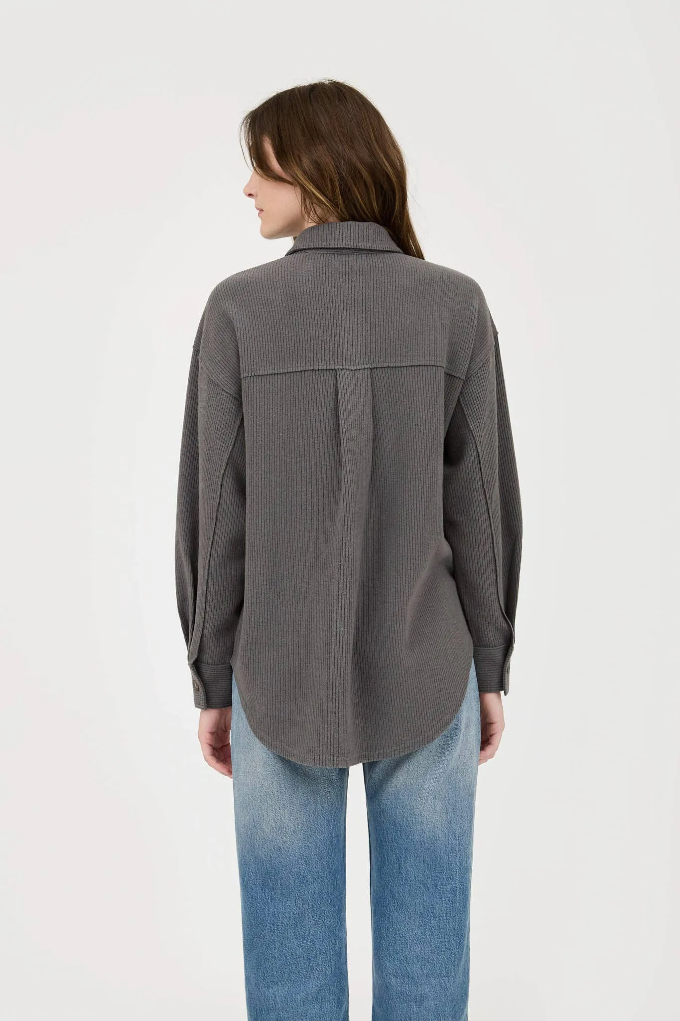Rib Knit Exposed Seam Button Up Top