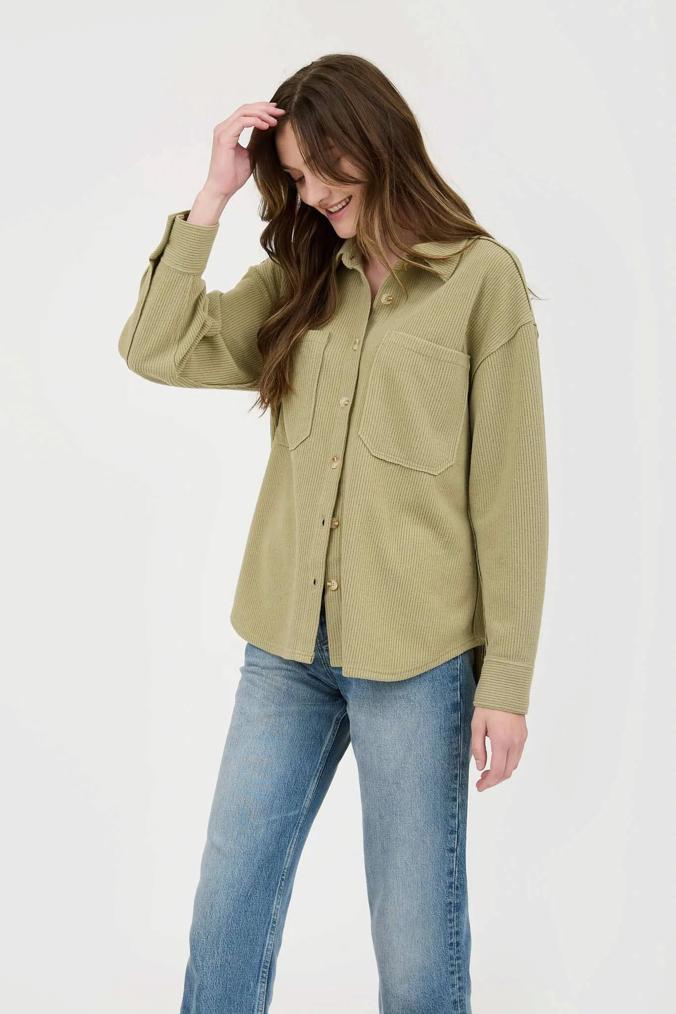 Rib Knit Exposed Seam Button Up Top