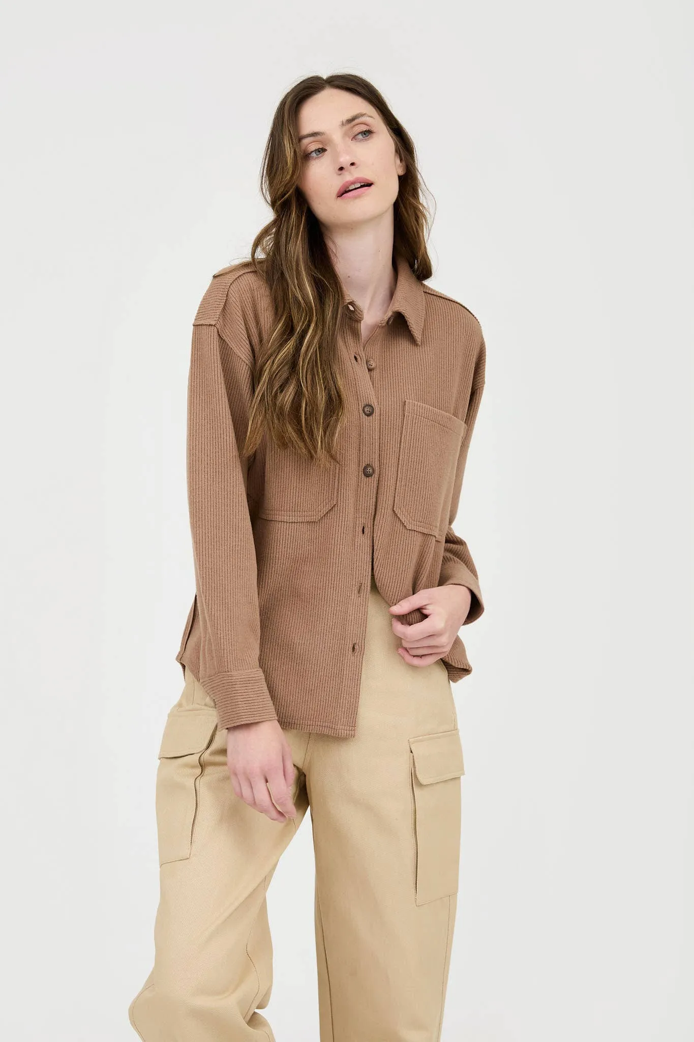 Rib Knit Exposed Seam Button Up Top