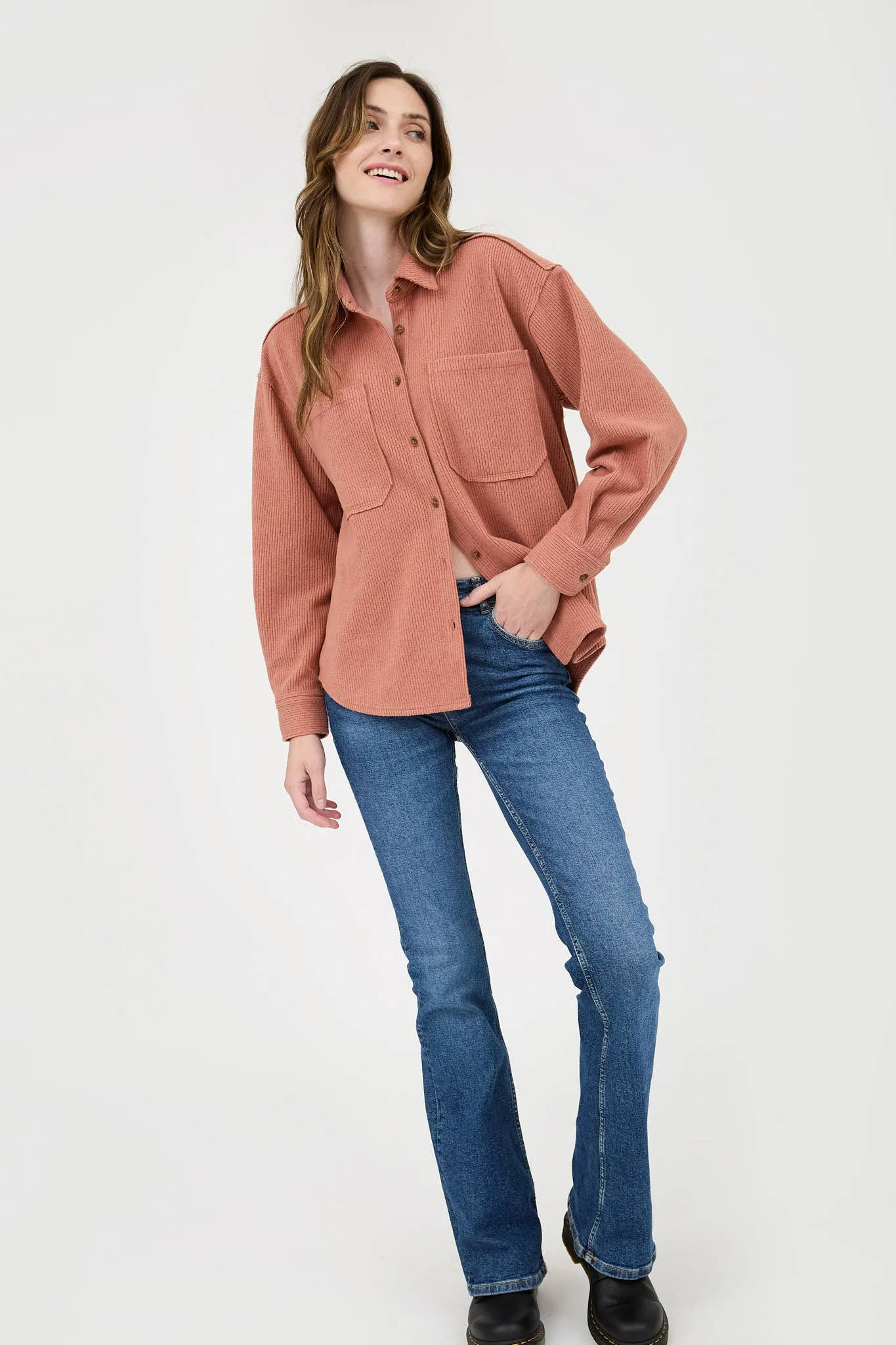 Rib Knit Exposed Seam Button Up Top