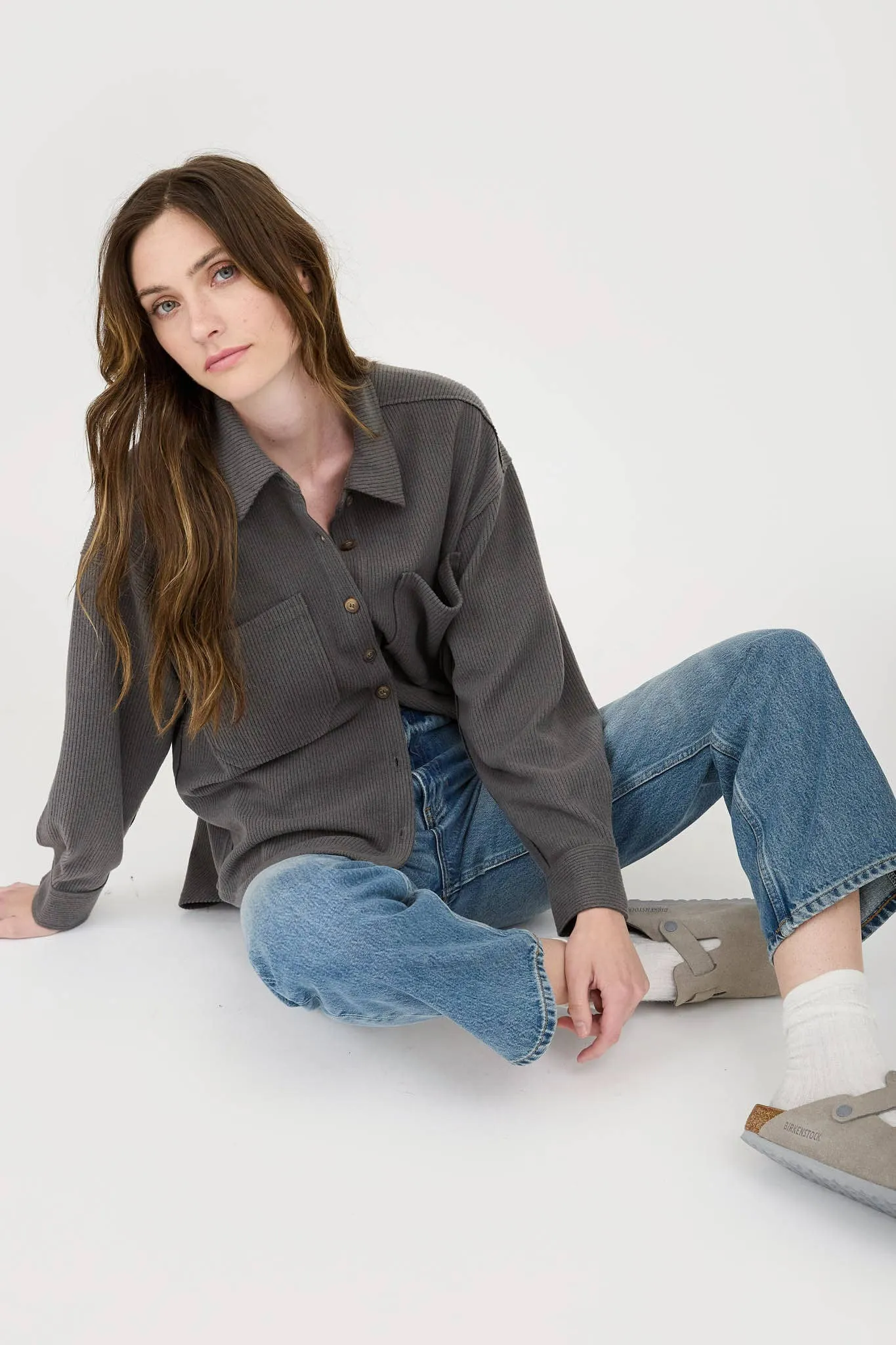 Rib Knit Exposed Seam Button Up Top