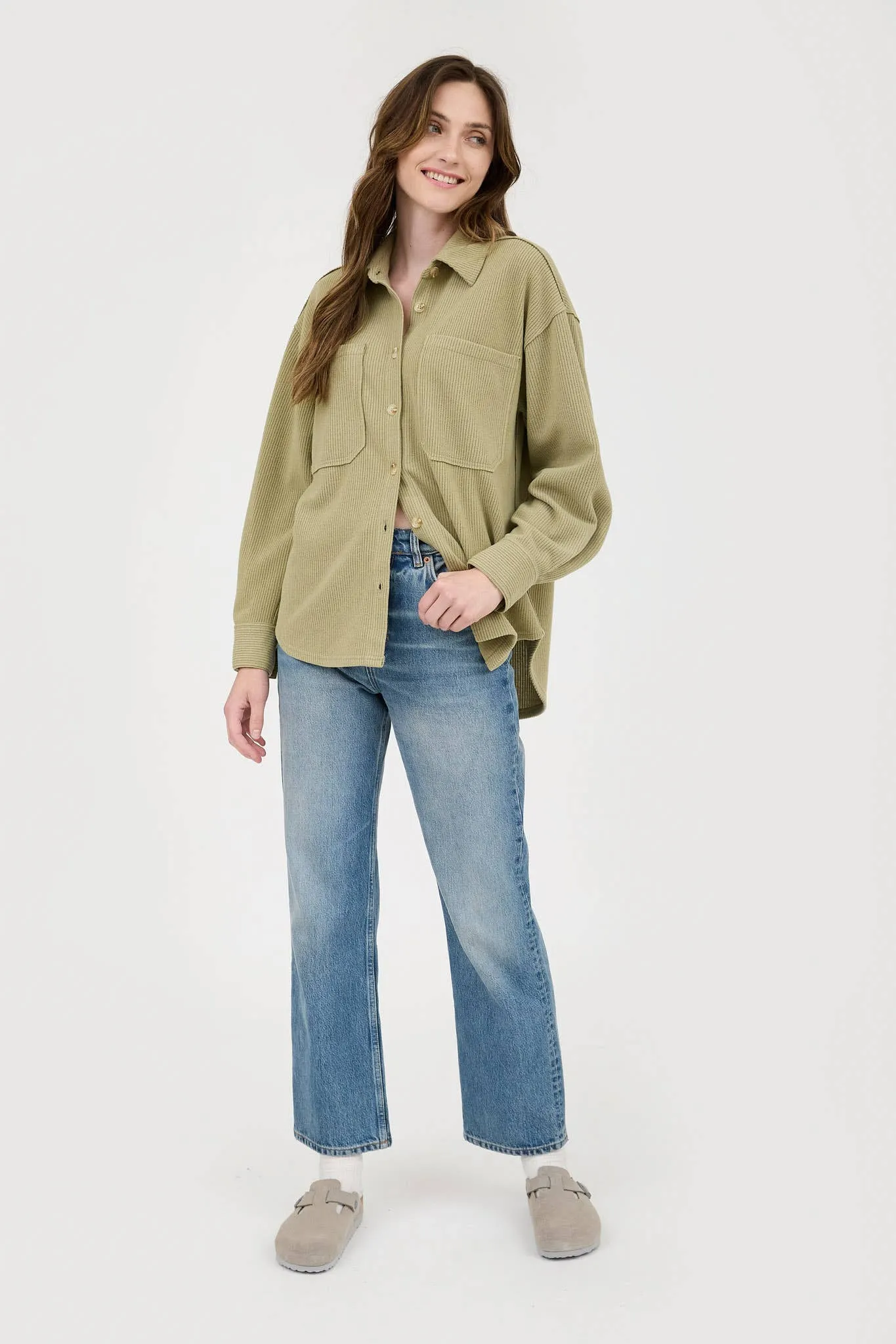 Rib Knit Exposed Seam Button Up Top