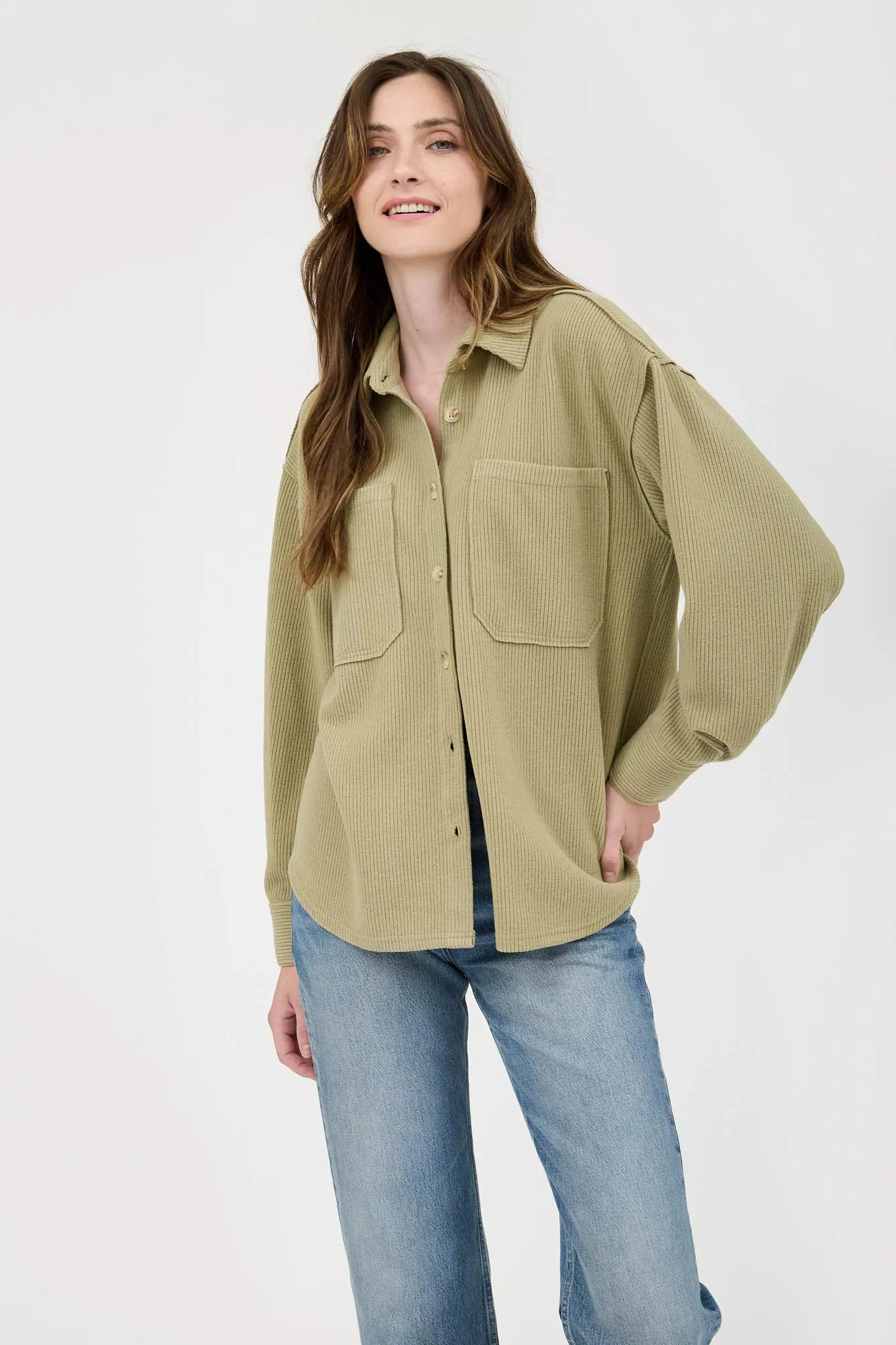 Rib Knit Exposed Seam Button Up Top