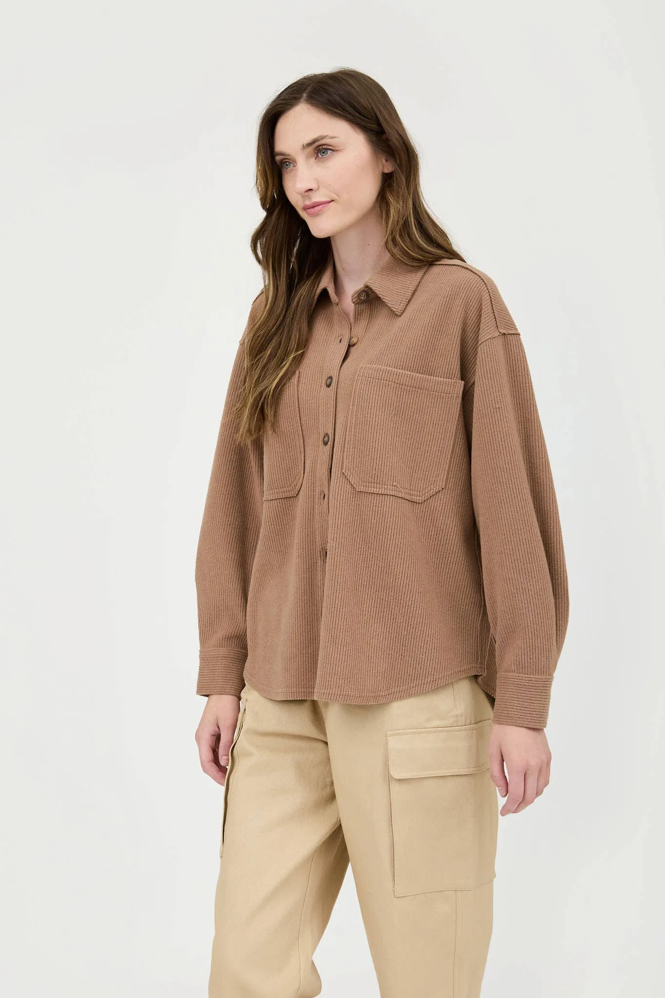 Rib Knit Exposed Seam Button Up Top