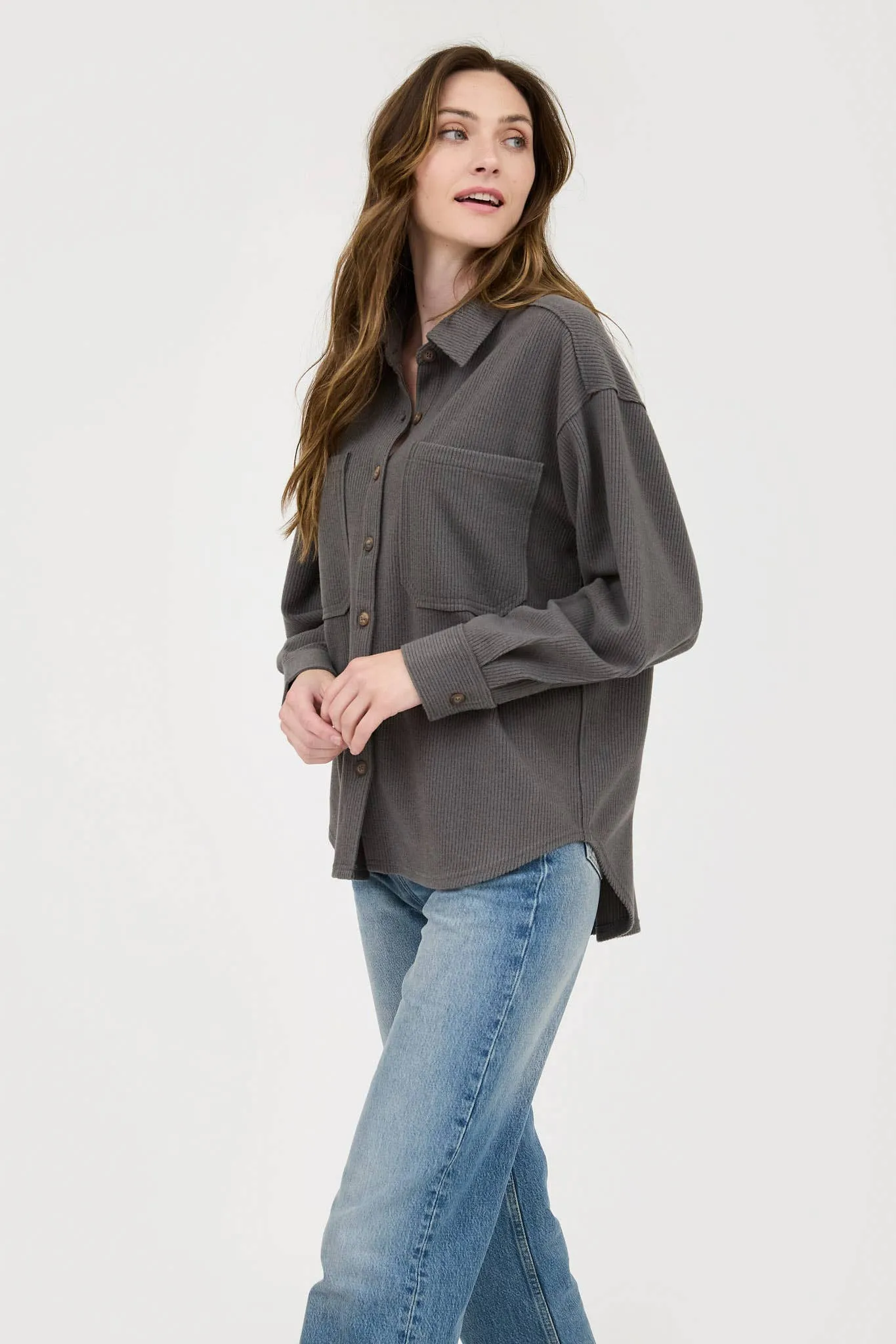 Rib Knit Exposed Seam Button Up Top