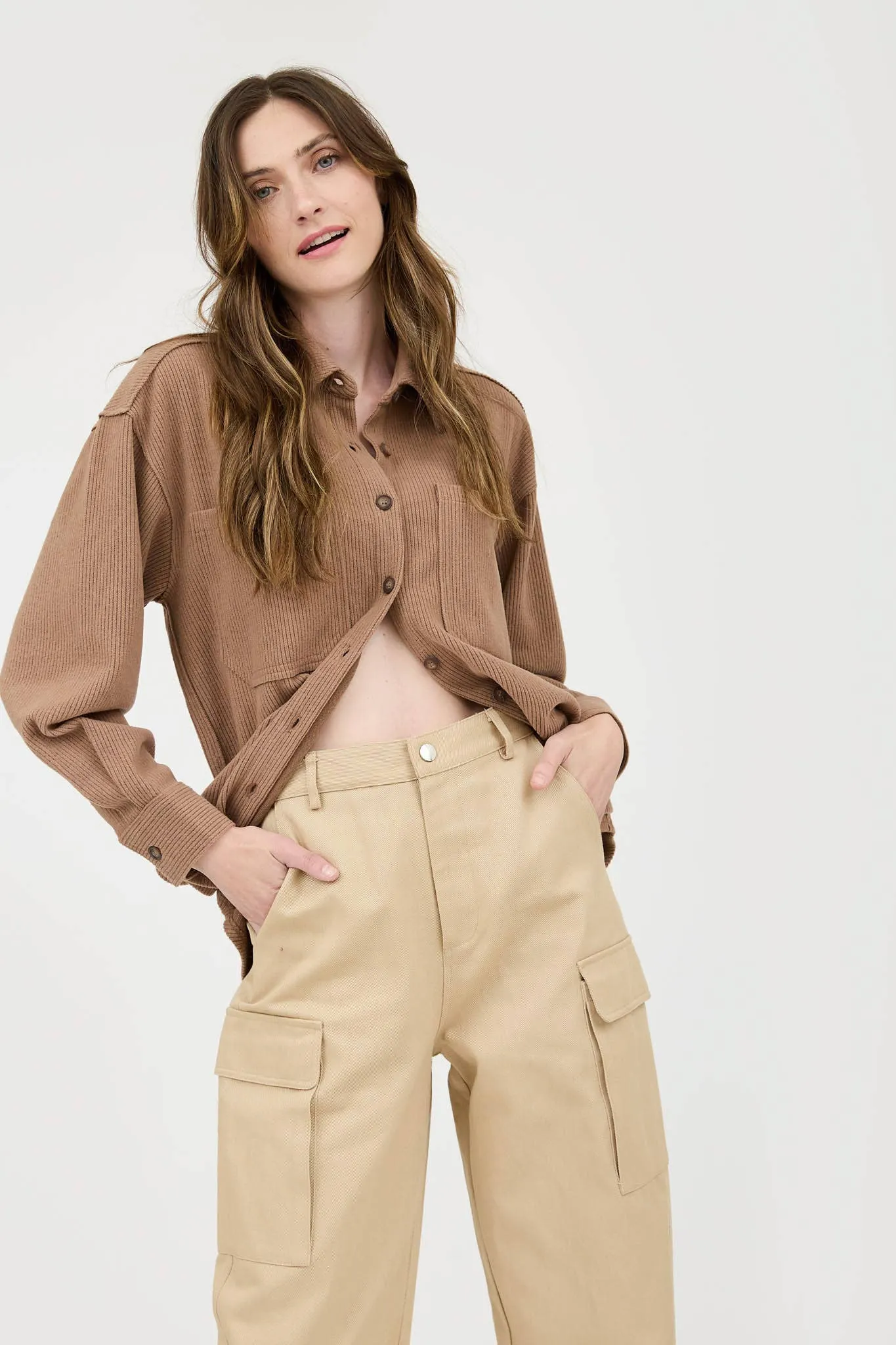 Rib Knit Exposed Seam Button Up Top