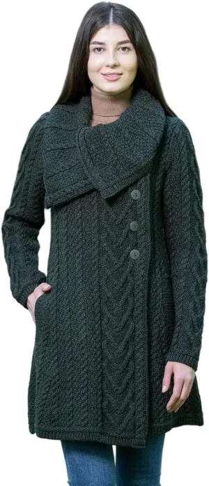 SAOL Womens Coatigan  100% Merino Wool Cable Knit Irish Cardigan with Pockets  Classic Warm Long Sweater Coat