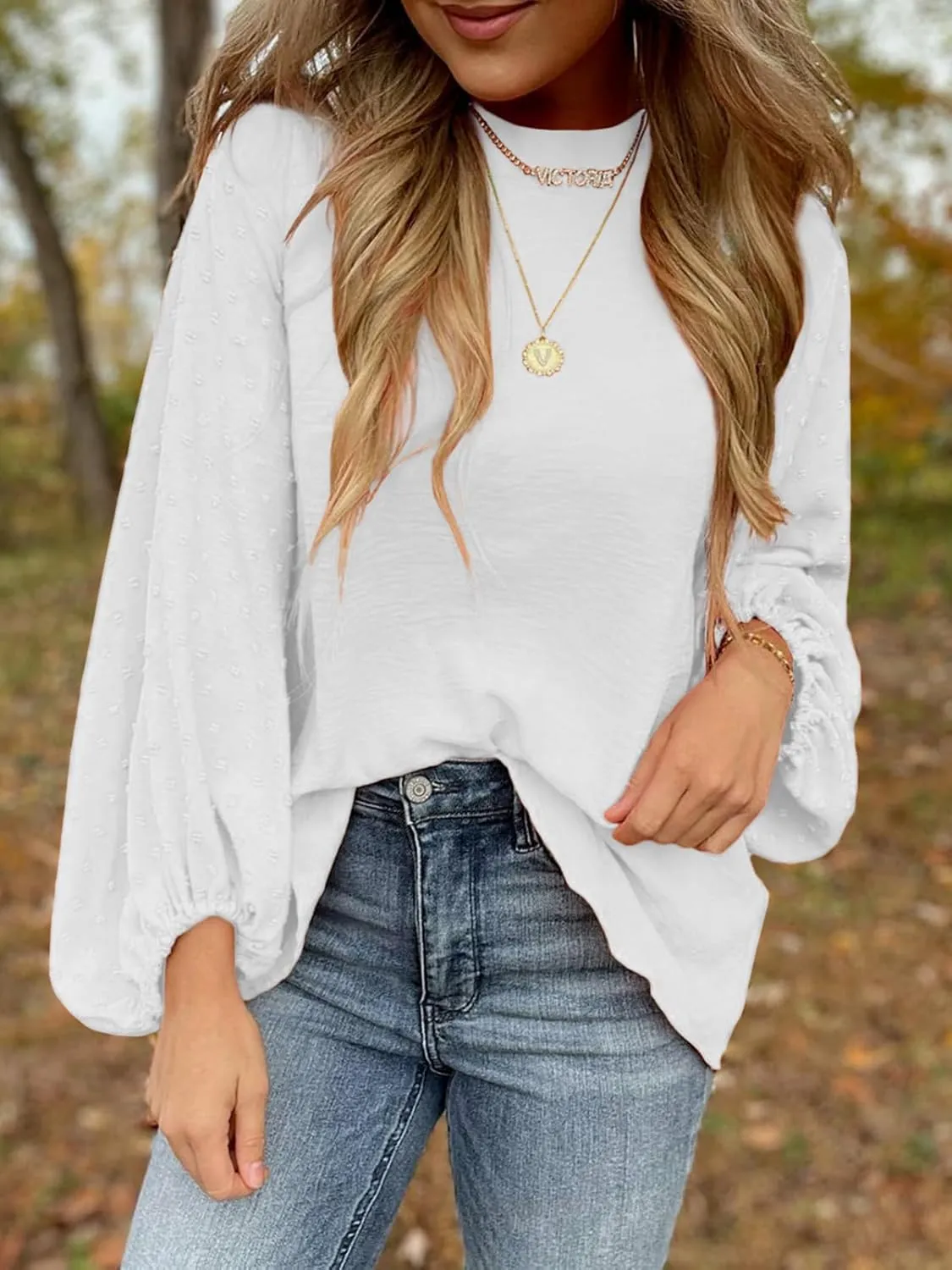 SHEWIN Womens Blouses Dressy Casual Smocked Tops Crew Neck Chiffon Long Sleeve Shirts Spring Outfits 2025