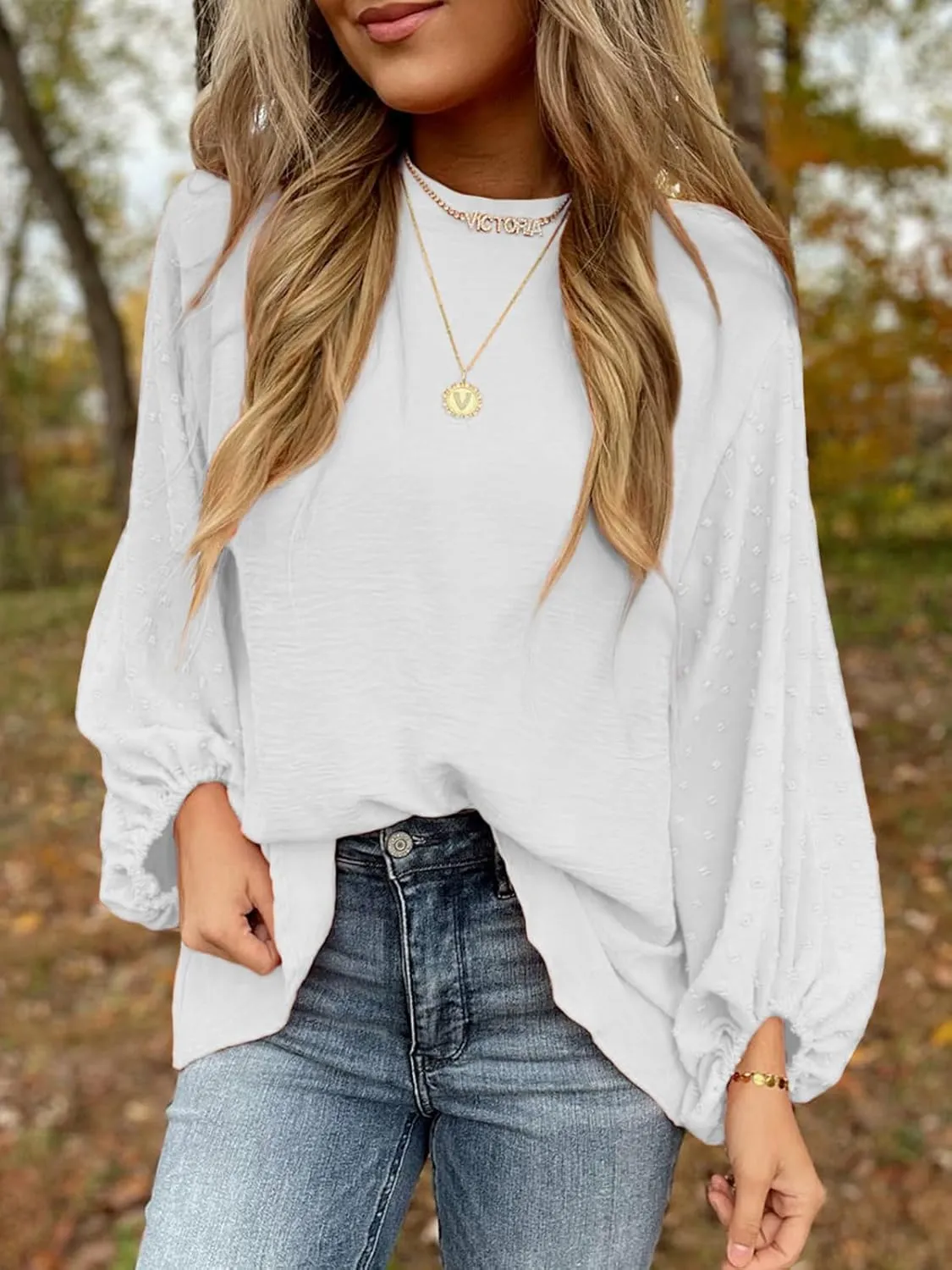 SHEWIN Womens Blouses Dressy Casual Smocked Tops Crew Neck Chiffon Long Sleeve Shirts Spring Outfits 2025