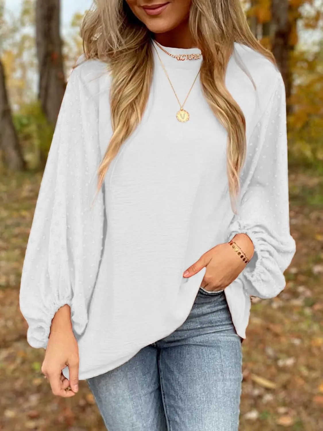 SHEWIN Womens Blouses Dressy Casual Smocked Tops Crew Neck Chiffon Long Sleeve Shirts Spring Outfits 2025