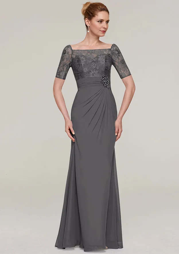Short Sleeve Long/Floor-Length Chiffon Mother of the Bride Dresses With Pleated Appliqued Beading